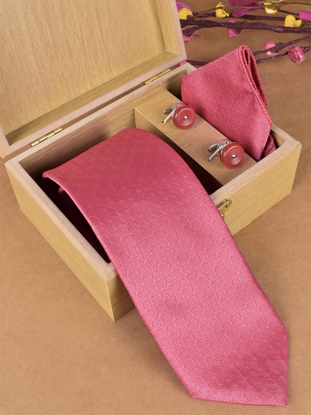 Pink Dobby Weave Micro Silk Necktie With Pocket Square & Cufflinks - Tistabene