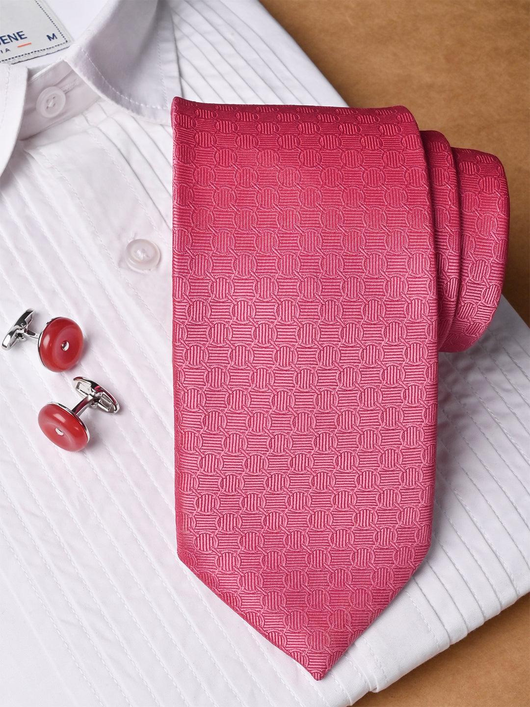 Pink Dobby Weave Micro Silk Necktie With Pocket Square & Cufflinks - Tistabene