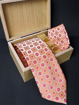 Peach Handwoven Micro Silk Necktie With Pocket Square & Cufflinks - Tistabene