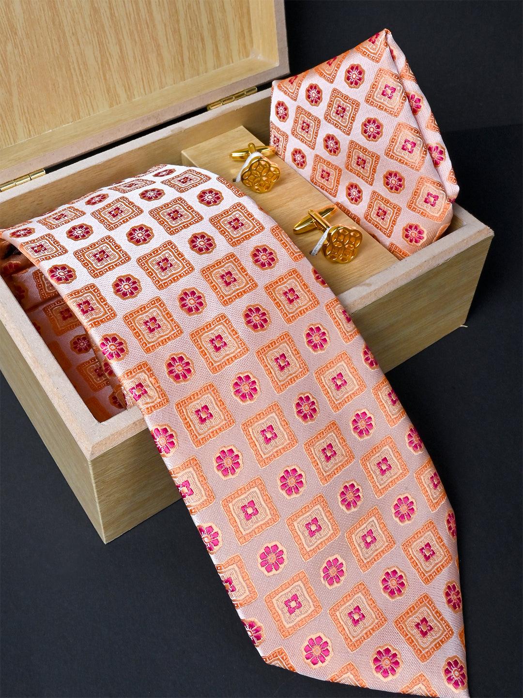 Peach Handwoven Micro Silk Necktie With Pocket Square & Cufflinks - Tistabene