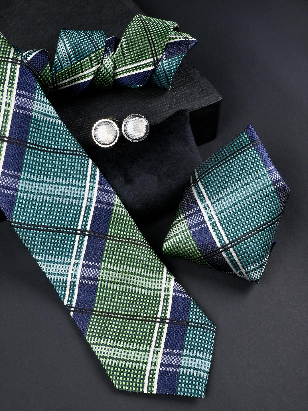 Green Checkered Micro Silk Necktie With Pocket Square & Cufflinks - Tistabene