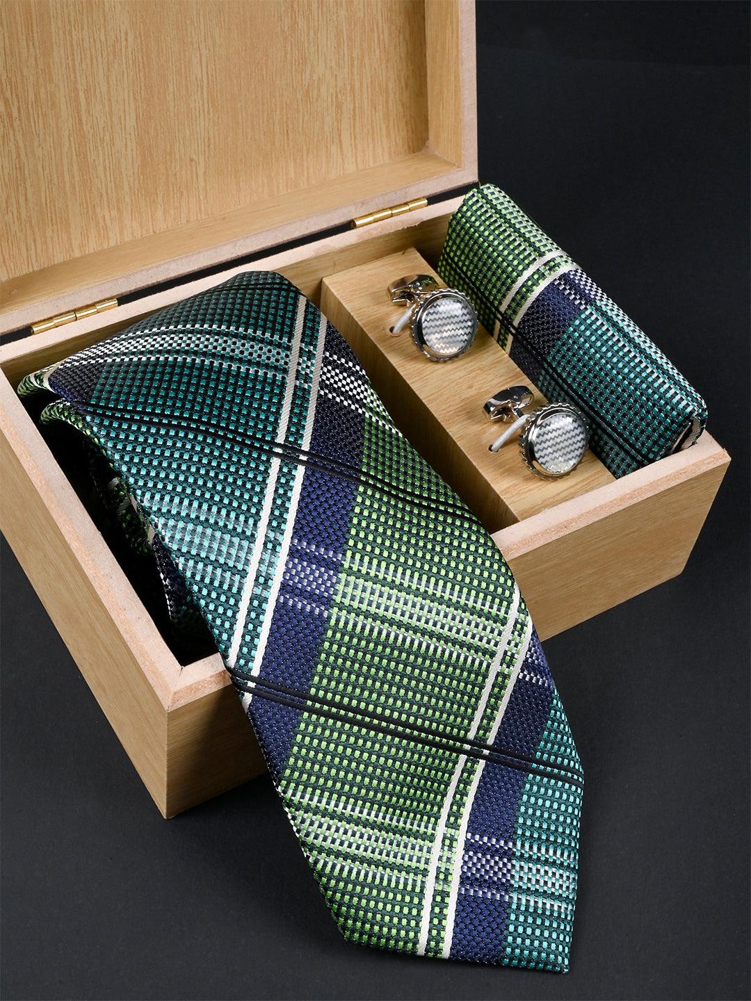 Green Checkered Micro Silk Necktie With Pocket Square & Cufflinks - Tistabene