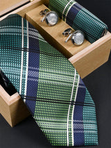 Green Checkered Micro Silk Necktie With Pocket Square & Cufflinks - Tistabene