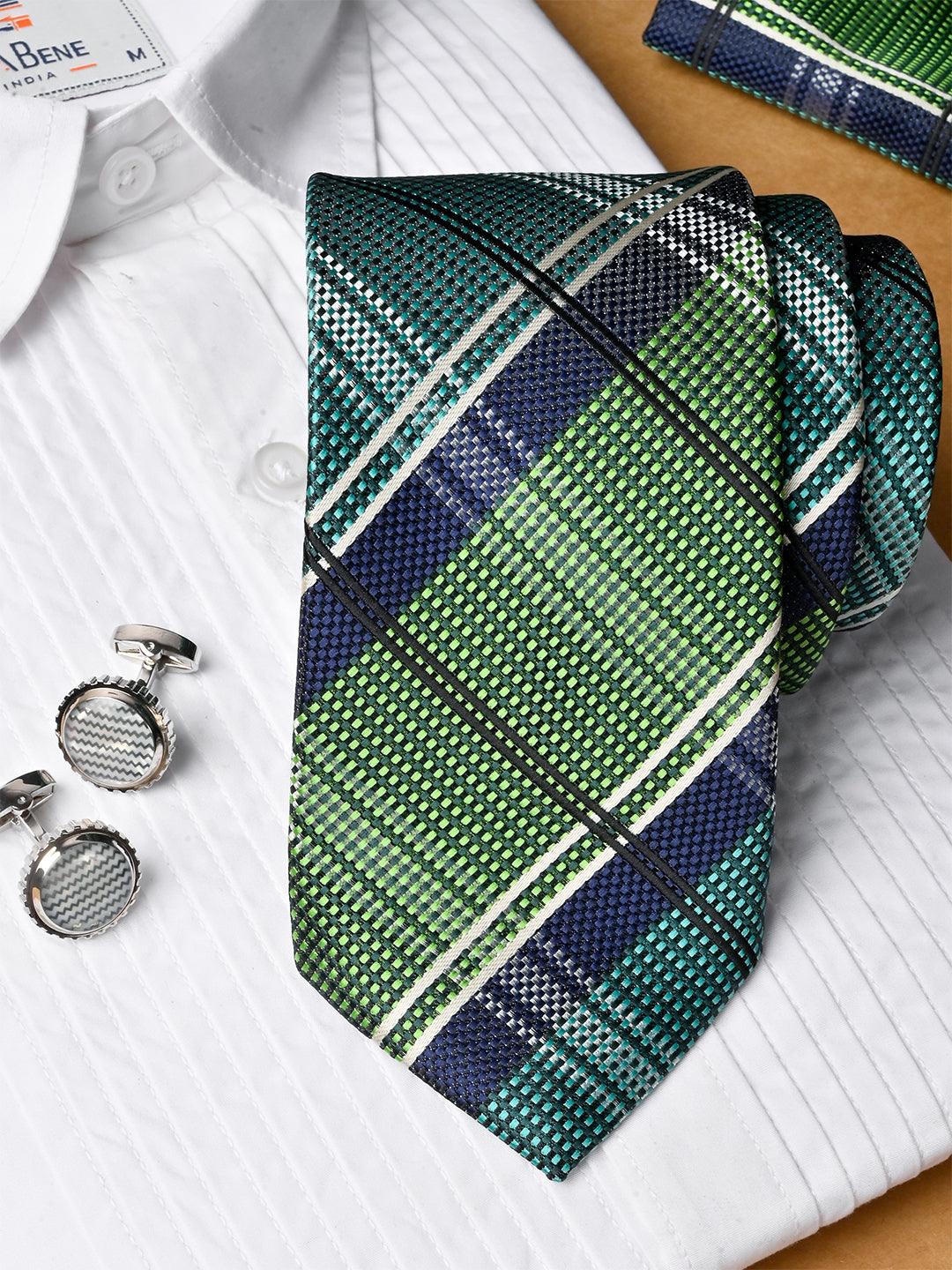 Green Checkered Micro Silk Necktie With Pocket Square & Cufflinks - Tistabene