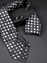 Black Polka Dots Micro Silk Necktie With Pocket Square & Cufflinks - Tistabene