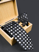 Black Polka Dots Micro Silk Necktie With Pocket Square & Cufflinks - Tistabene