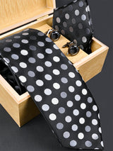 Black Polka Dots Micro Silk Necktie With Pocket Square & Cufflinks - Tistabene