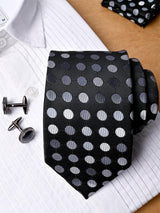 Black Polka Dots Micro Silk Necktie With Pocket Square & Cufflinks - Tistabene