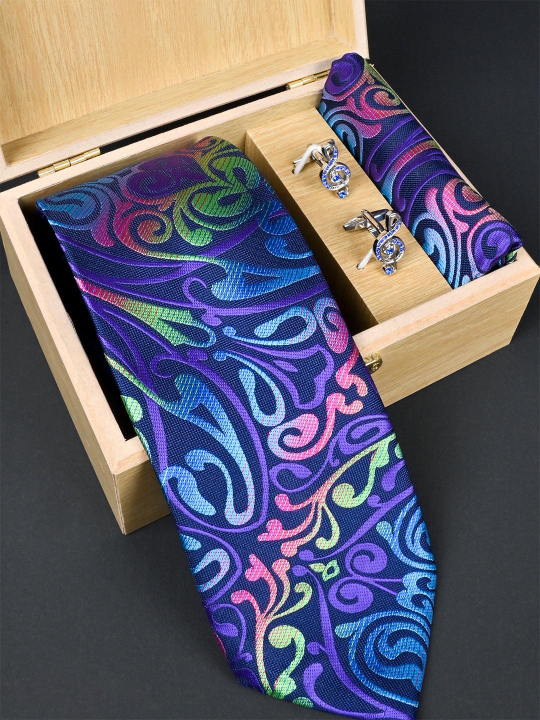 Multi Paisley Micro Silk Necktie With Pocket Square & Cufflinks - Tistabene