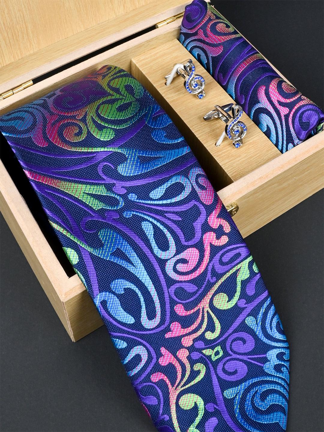 Multi Paisley Micro Silk Necktie With Pocket Square & Cufflinks - Tistabene