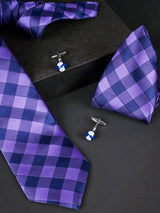 Purple Checkered Micro Silk Necktie With Pocket Square & Cufflinks - Tistabene