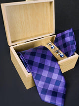 Purple Checkered Micro Silk Necktie With Pocket Square & Cufflinks - Tistabene