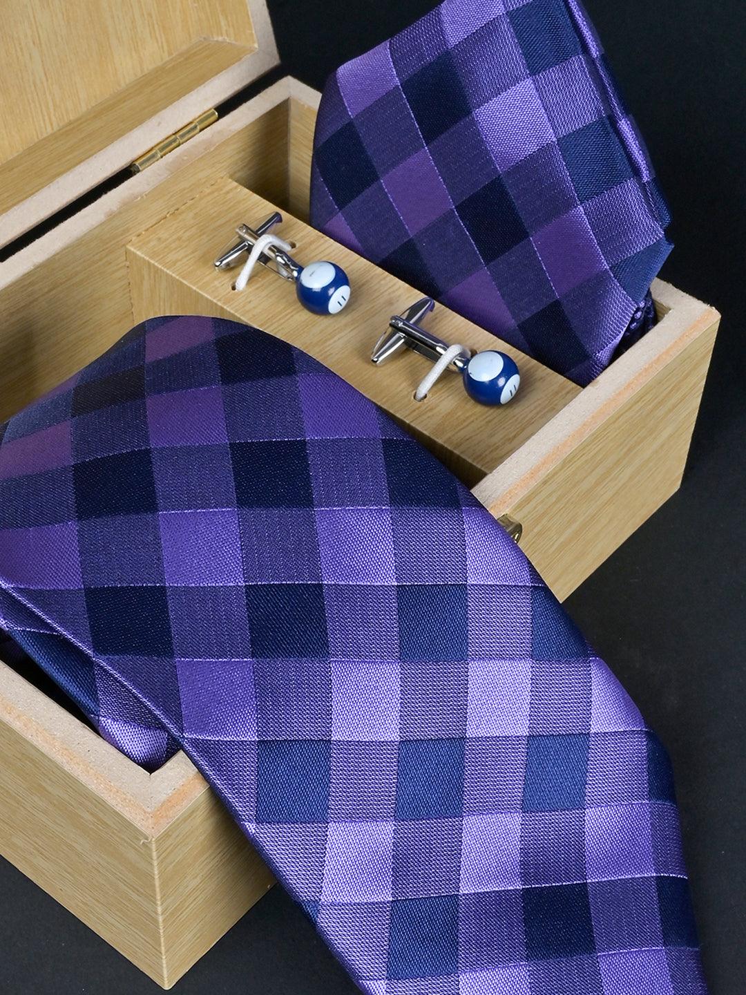 Purple Checkered Micro Silk Necktie With Pocket Square & Cufflinks - Tistabene