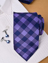 Purple Checkered Micro Silk Necktie With Pocket Square & Cufflinks - Tistabene