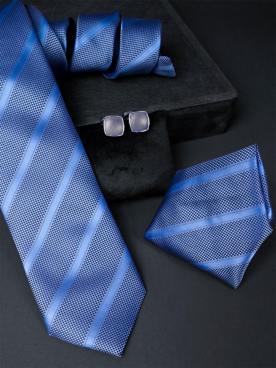 Blue Striped Micro Silk Necktie With Pocket Square & Cufflinks - Tistabene