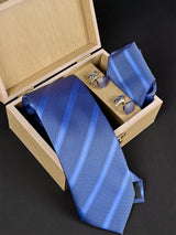 Blue Striped Micro Silk Necktie With Pocket Square & Cufflinks - Tistabene