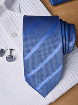 Blue Striped Micro Silk Necktie With Pocket Square & Cufflinks - Tistabene