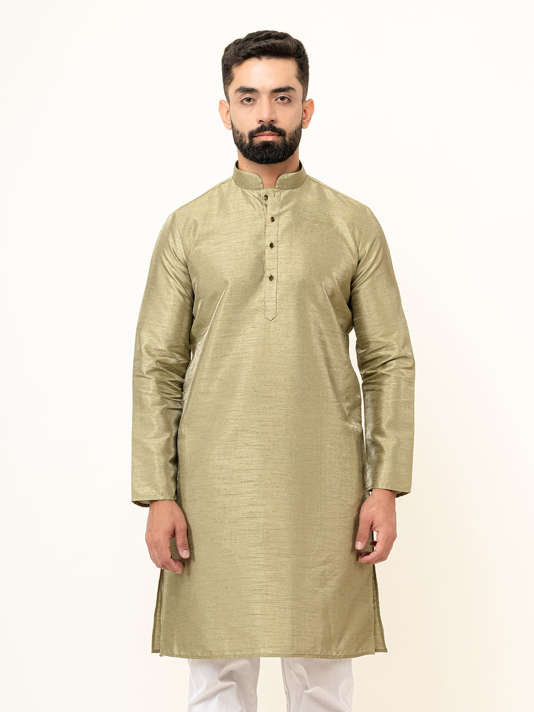 Olive Green Dupin Solid Kurta With Embroidered Jacket for Men