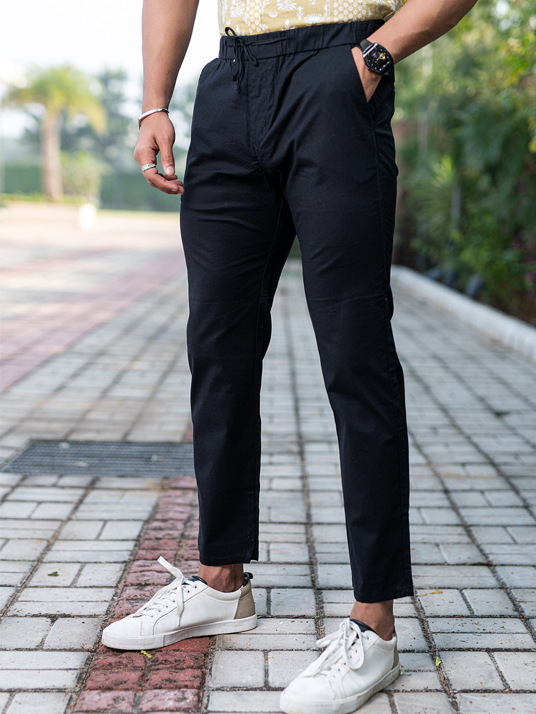 Black Linen Lycra Comfort Fit Mens Trouser