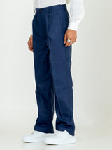 Navy Blue Linen Blend Pleated Pants