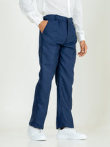 Navy Blue Linen Blend Pleated Pants