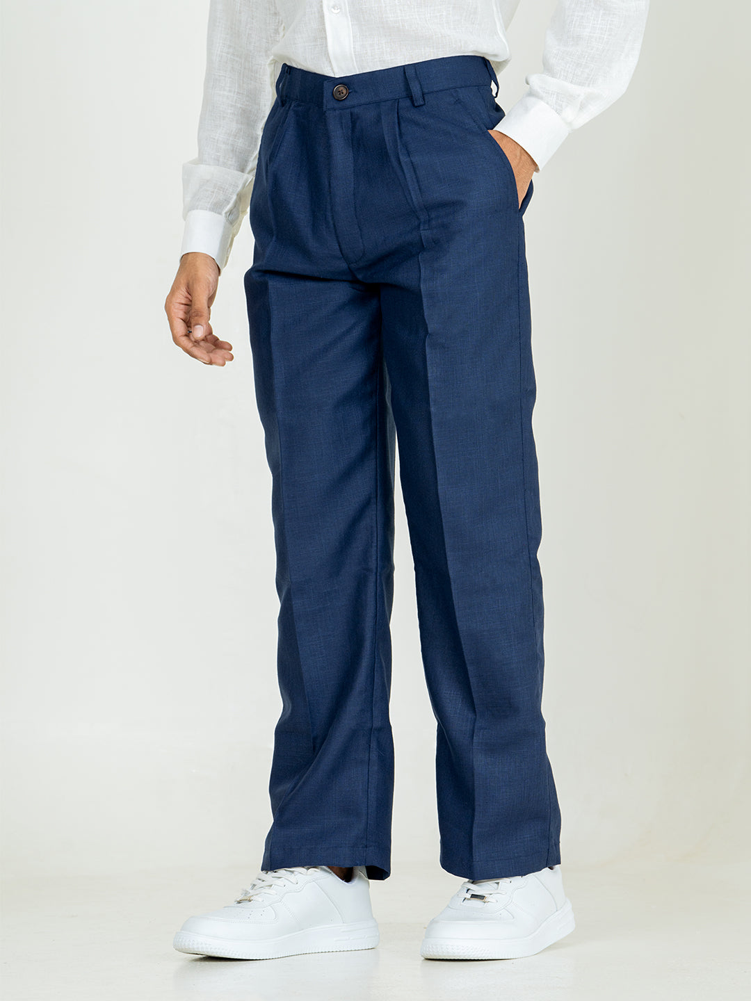 Navy Blue Linen Blend Pleated Pants