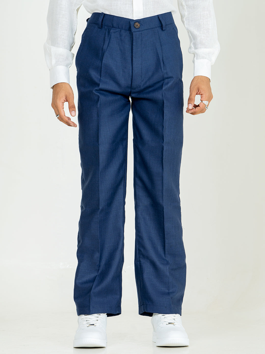 Navy Blue Linen Blend Pleated Pants