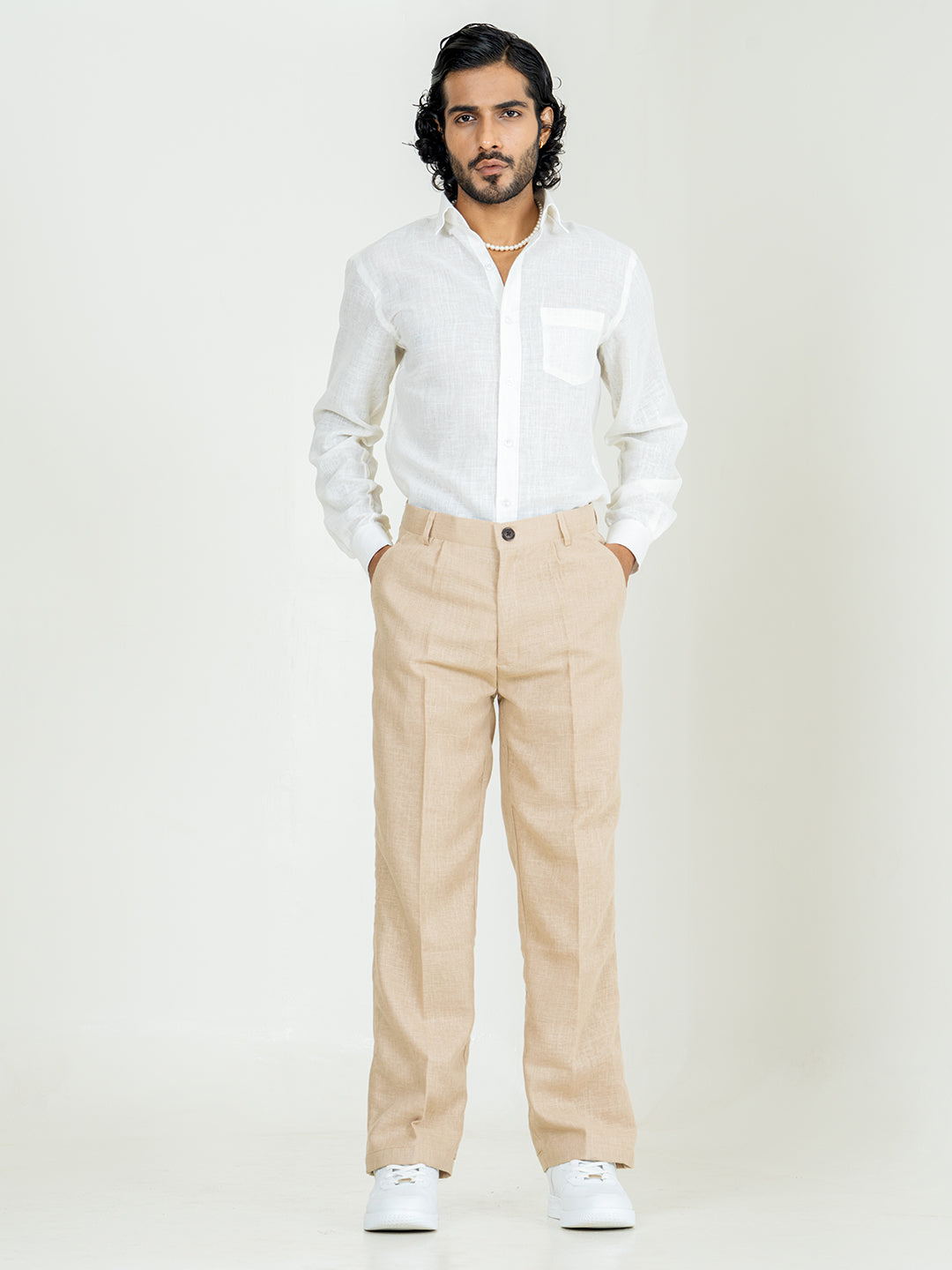 Classic Taupe Linen Blend Pleated Pants