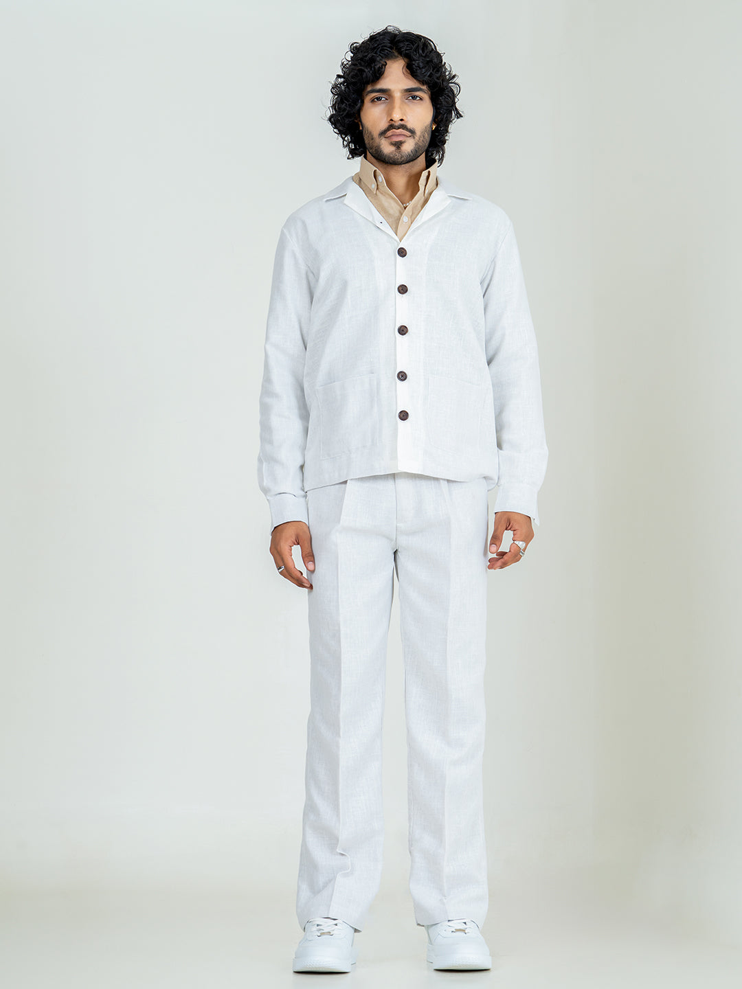 Off White Linen Blend Pleated Pants