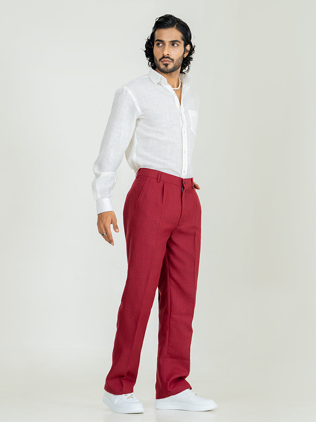 Maroon Linen Blend Pleated Pants