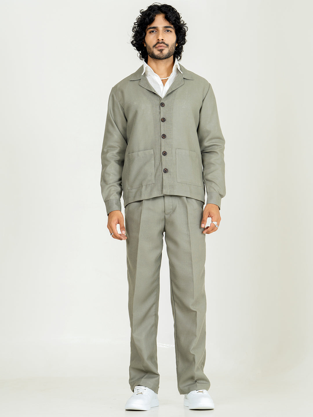 Sage Gray Linen Blend Pleated Pants