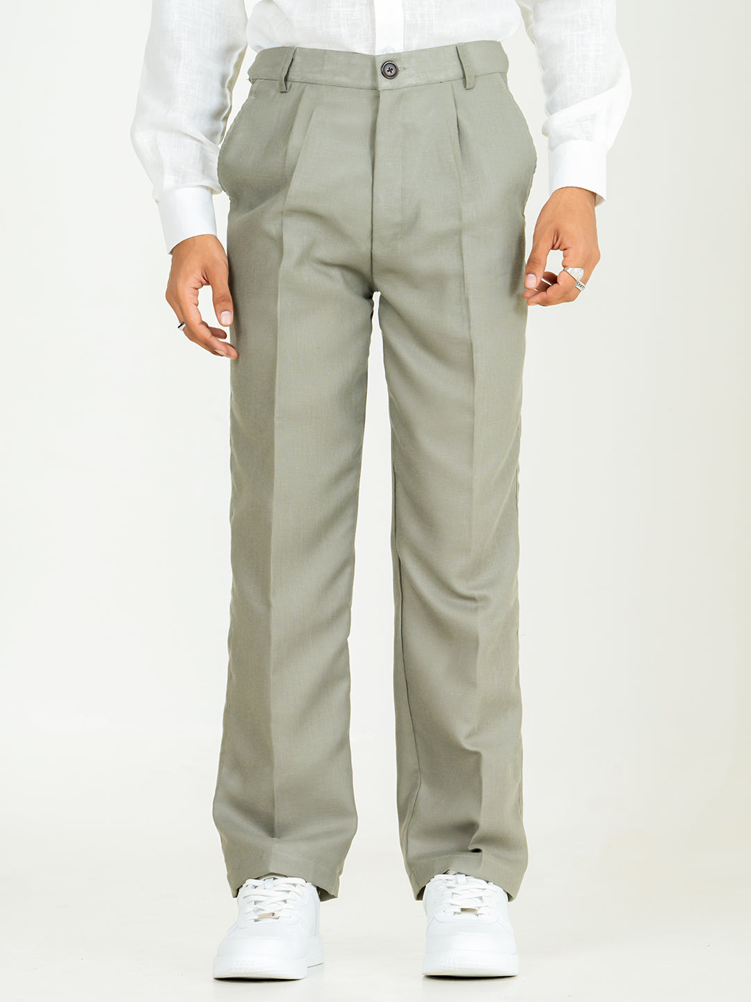 Sage Gray Linen Blend Pleated Pants