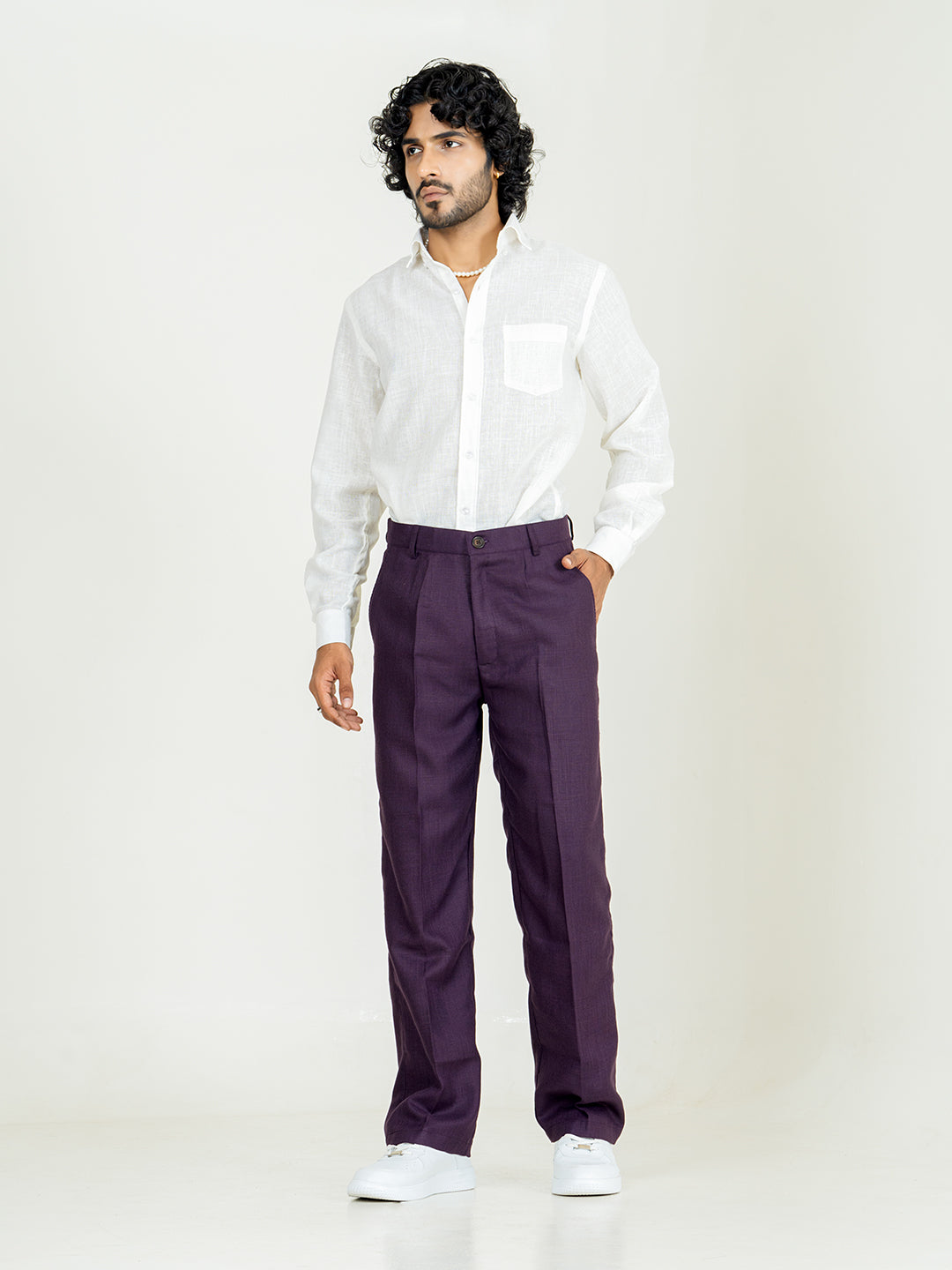 Aubergine Linen Blend Pleated Pants