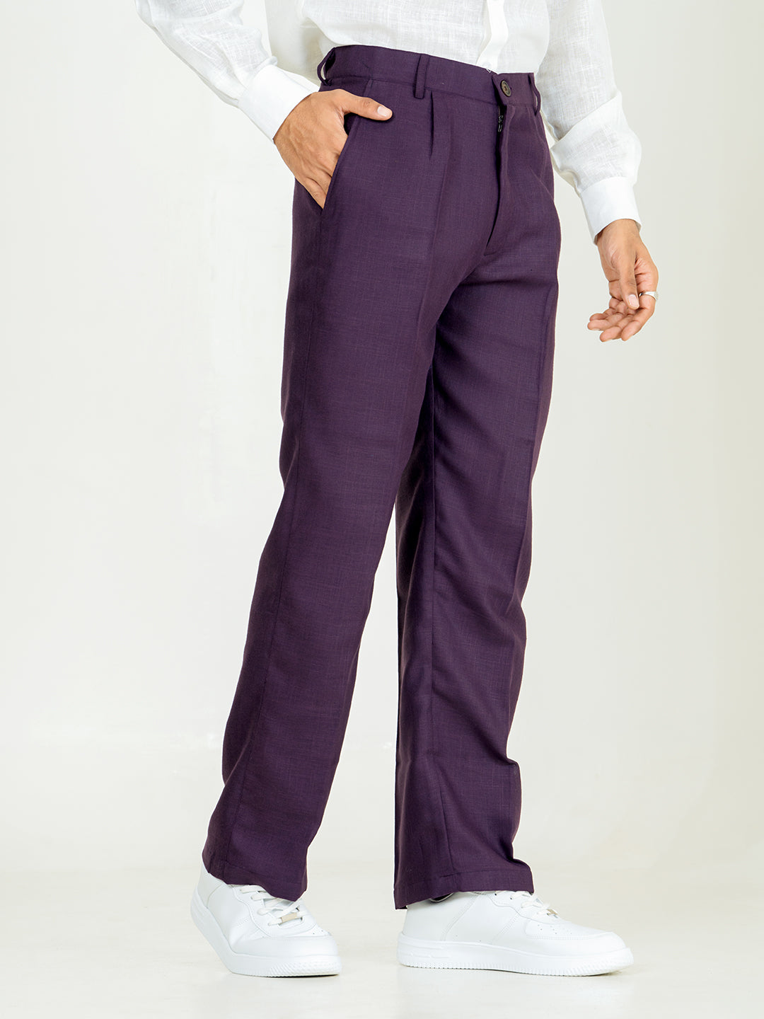 Aubergine Linen Blend Pleated Pants