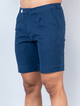 Blue Linen Solid Pattern Shorts