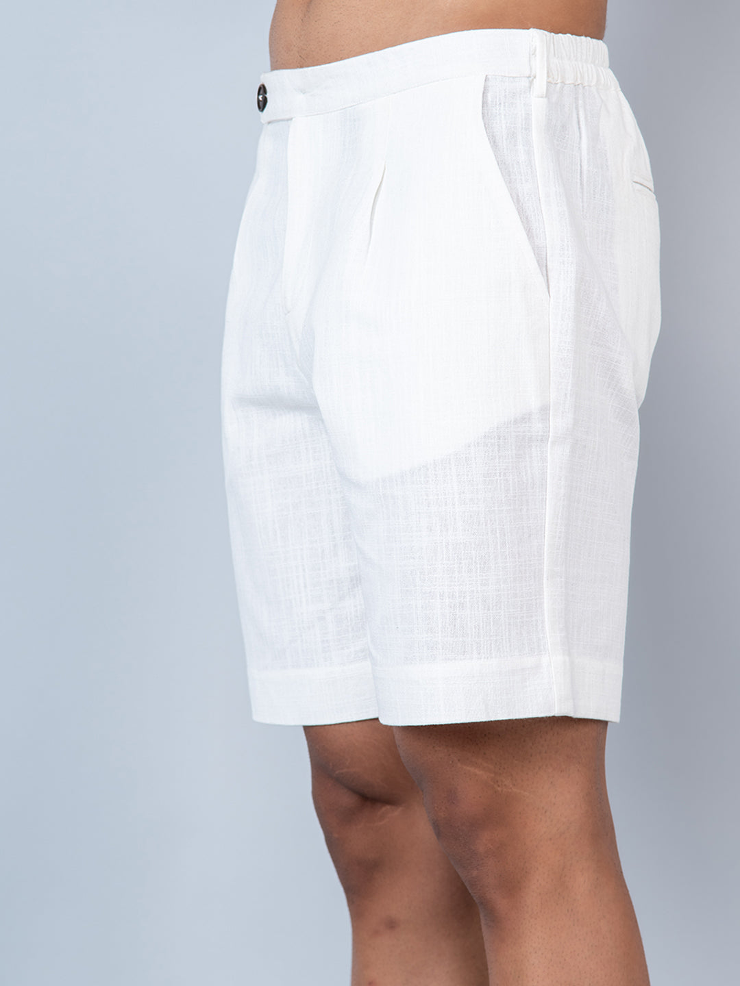 White Linen Solid Pattern Shorts