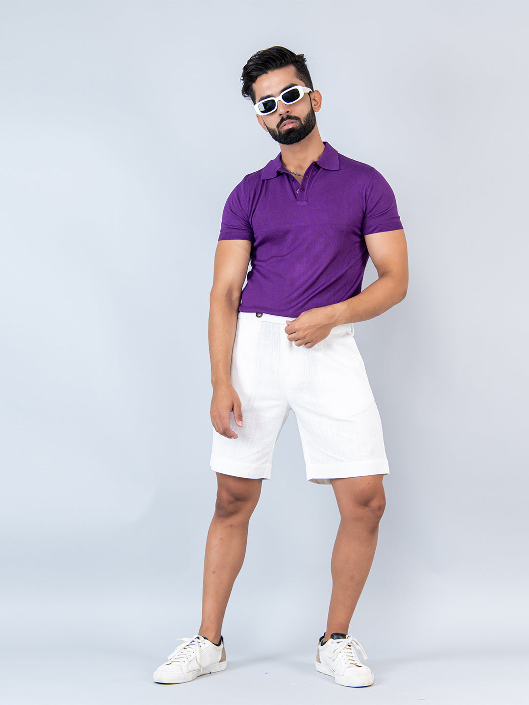 White Linen Solid Pattern Shorts