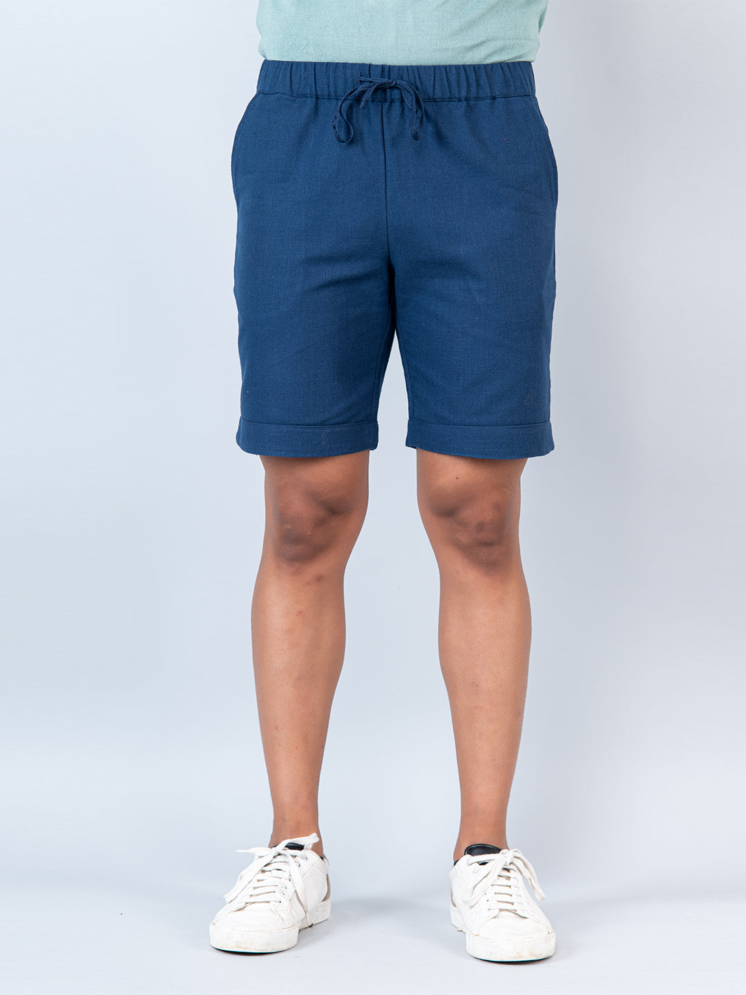 Blue Linen Solid Pattern Shorts