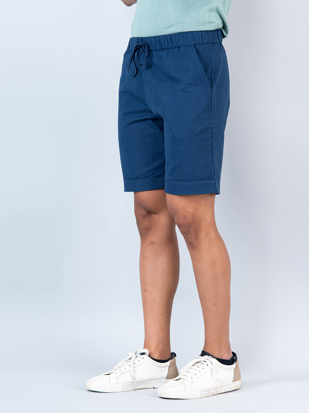 Blue Linen Solid Pattern Shorts