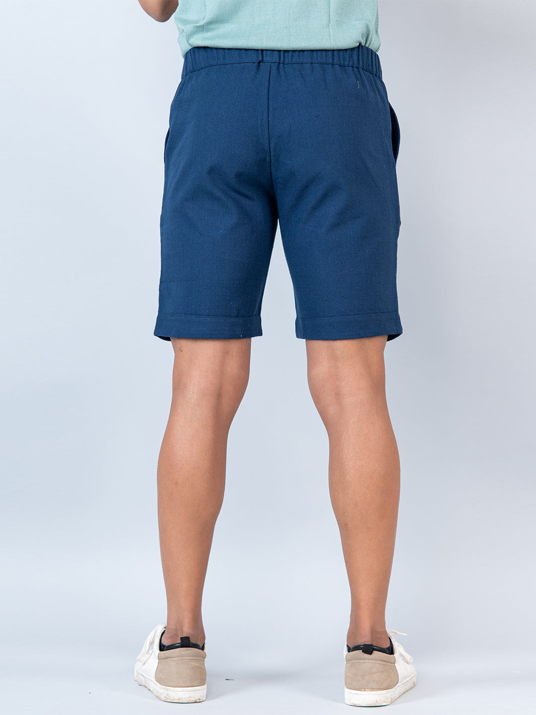 Blue Linen Solid Pattern Shorts