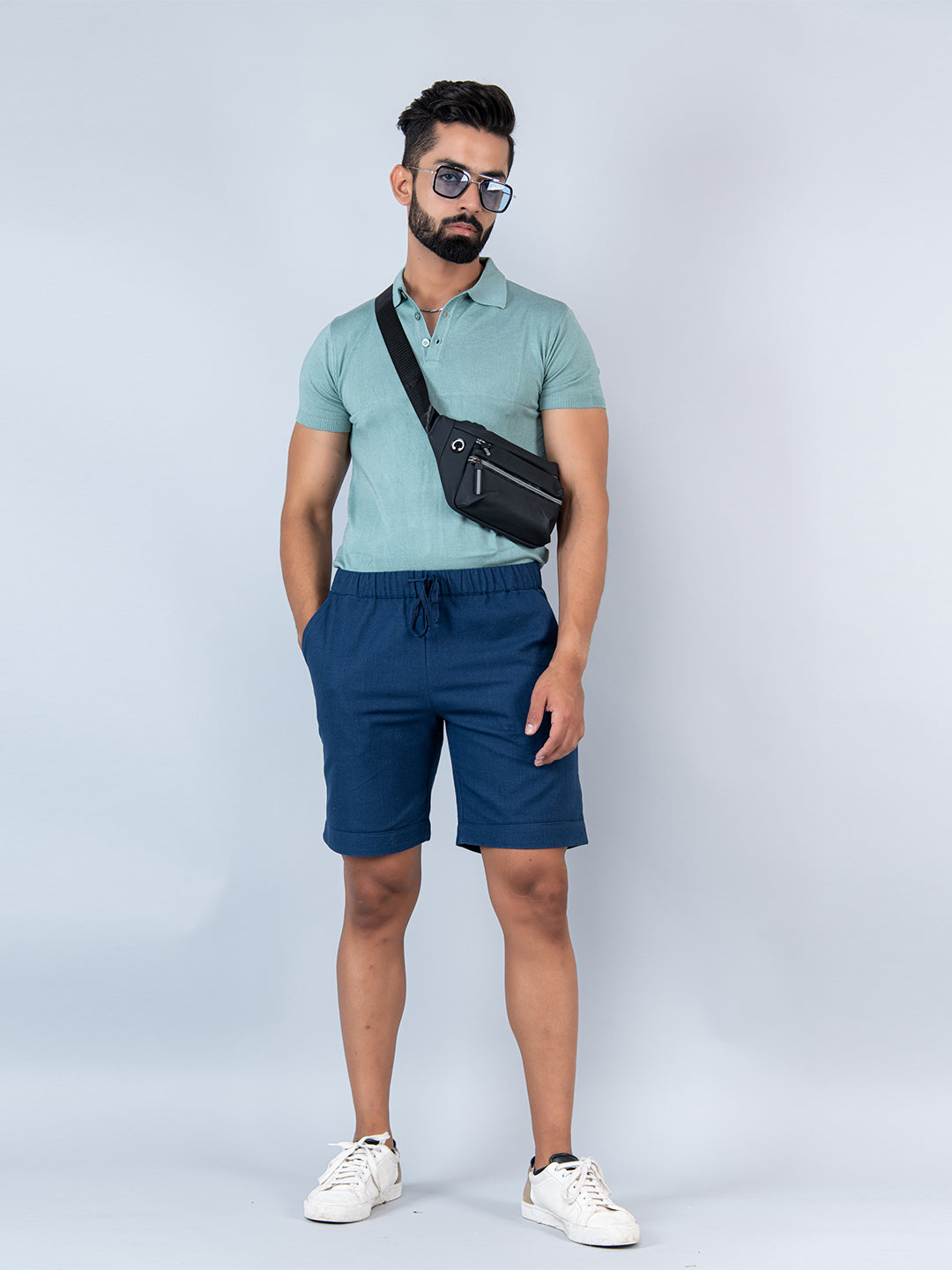 Blue Linen Solid Pattern Shorts