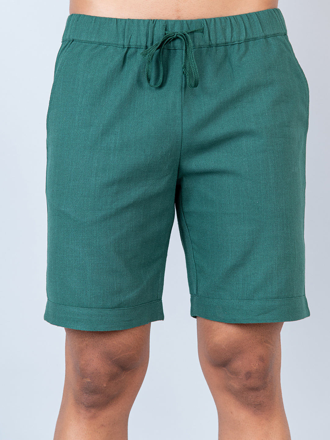 Bottle Green Linen Solid Pattern Shorts