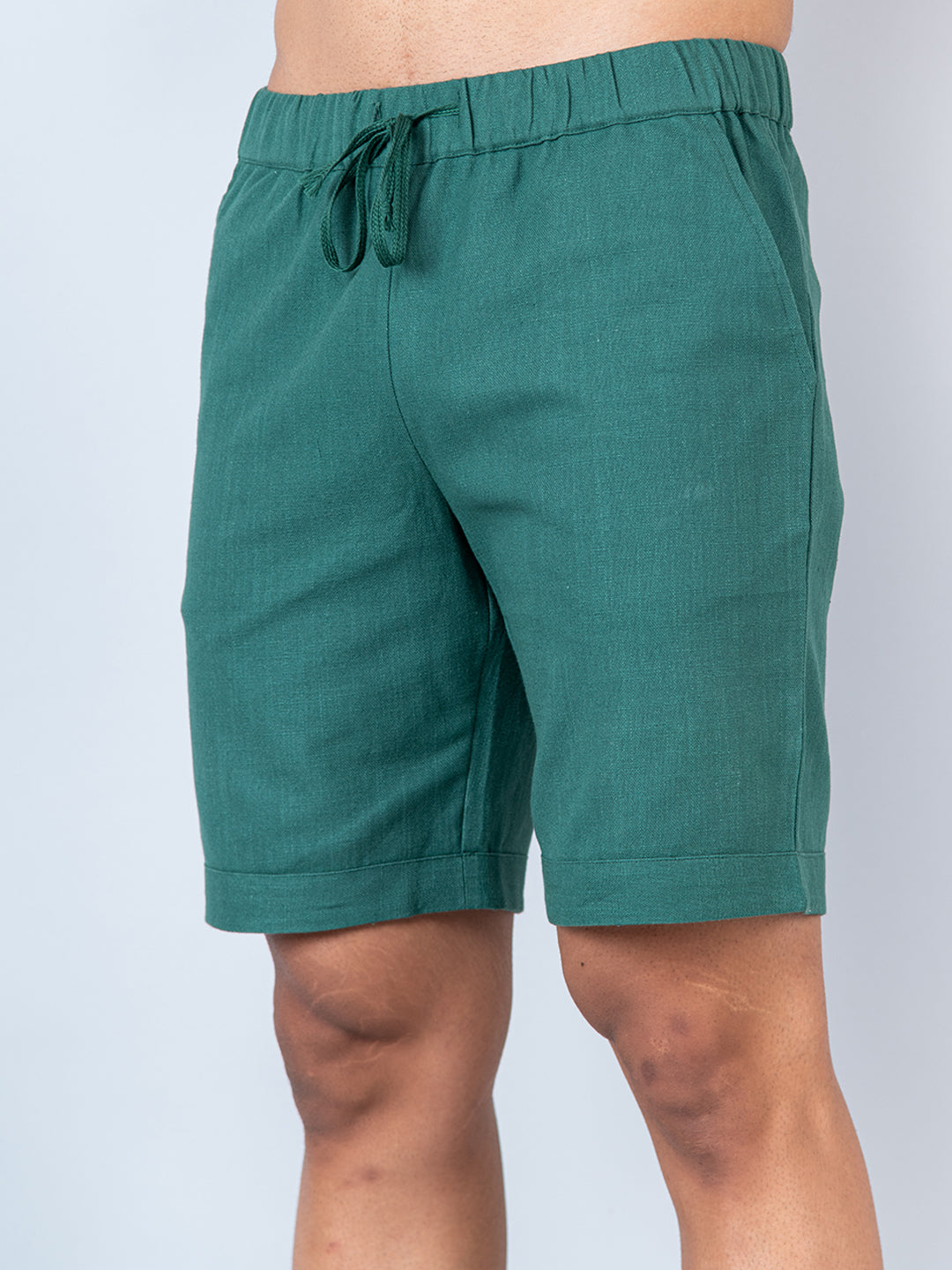 Bottle Green Linen Solid Pattern Shorts