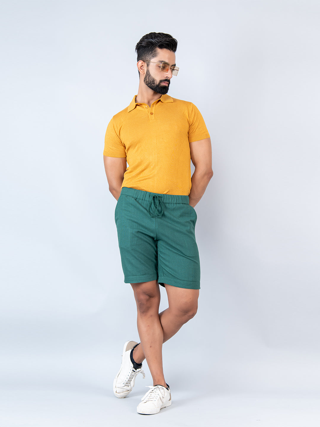 Bottle Green Linen Solid Pattern Shorts