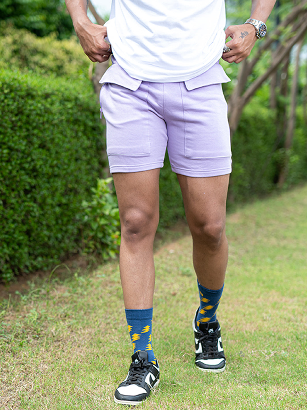 Lilac Two Pockets Solid Pattern Cotton Shorts