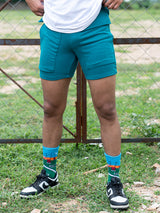 Teal Blue Two Pockets Solid Pattern Cotton Shorts