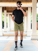 Olive Green Two Pockets Solid Pattern Cotton Shorts