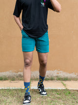 Teal Blue Two Pockets Solid Pattern Cotton Shorts