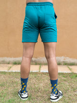 Teal Blue Two Pockets Solid Pattern Cotton Shorts