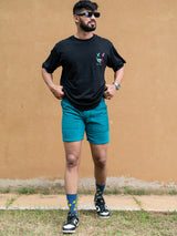 Teal Blue Two Pockets Solid Pattern Cotton Shorts